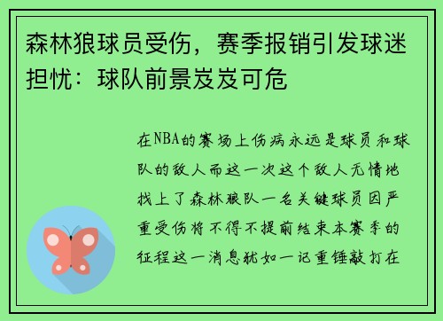森林狼球员受伤，赛季报销引发球迷担忧：球队前景岌岌可危